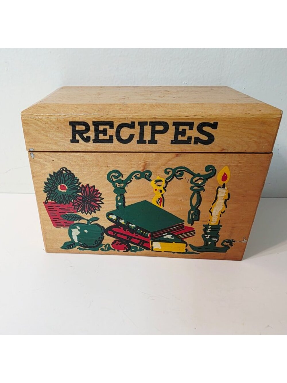 Vtg Folk Art Wooden Recipe Kitchen Floral Theme Cottagecore With Recipe Cards